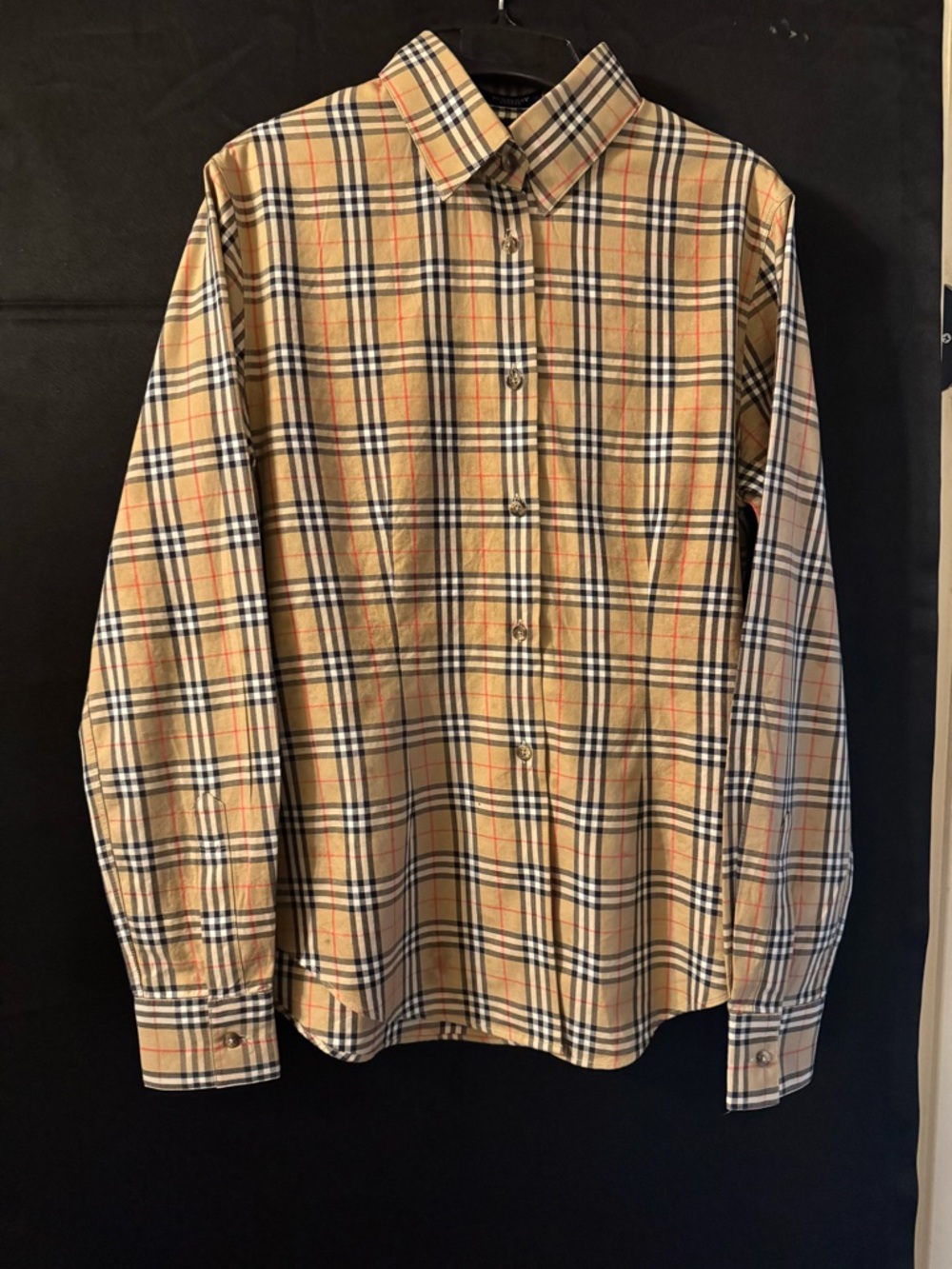 Burberry Beige Plaid Button-Down Shirt with Black and Red Lines